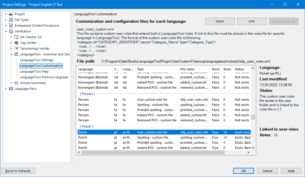 LanguageTool Customization page in LanguageTool Plugin For Trados Studio with a list of customizable files for supported languages. 