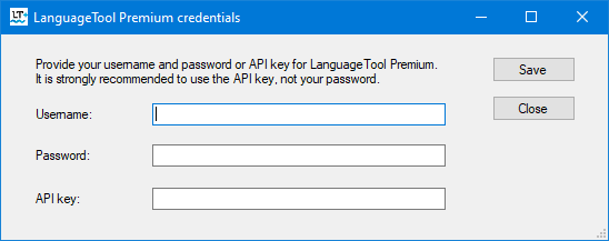 Premium credential dialogue box in LanguageTool Plugin For Trados Studio.