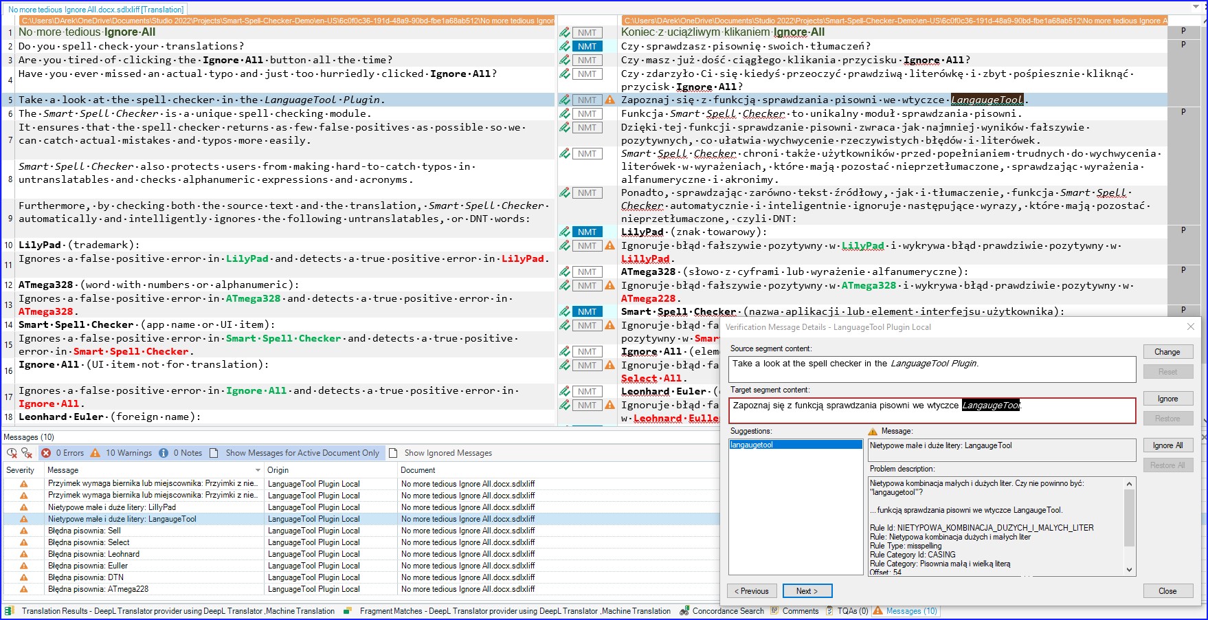 Verification Message Details window and Messages tab in Trados Studio with LanguageTool Plugin. The Smart Spell Checker’s functionality for detecting untranslatables.