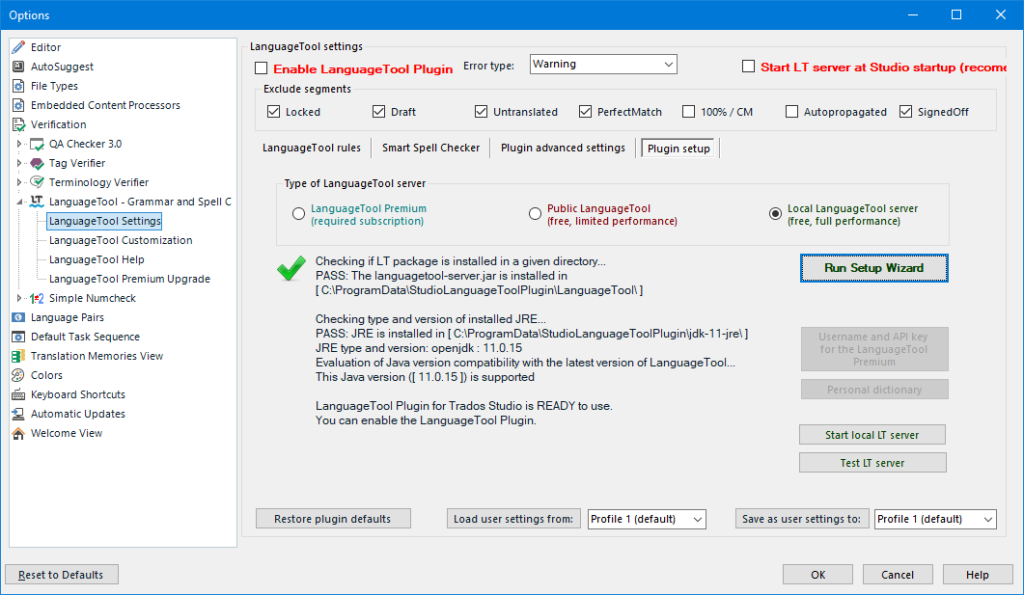 The Plugin setup tab after successful setup in LanguageTool Plugin For Trados Studio when configuring in Local scenario.