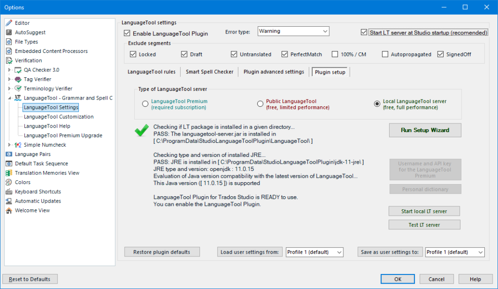 The Plugin setup tab after successful setup in LanguageTool Plugin For Trados Studio when configuring in Local scenario.