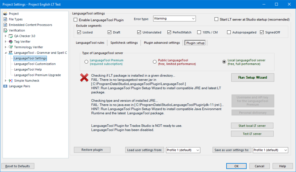 The initial view of the Plugin setup tab in LanguageTool Plugin For Trados Studio when configuring in Local scenario.