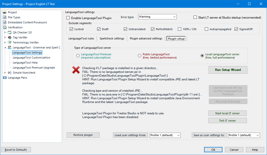 Local scenario setup failed in the Plugin setup tab of LanguageTool Plugin for Trados Studio. 