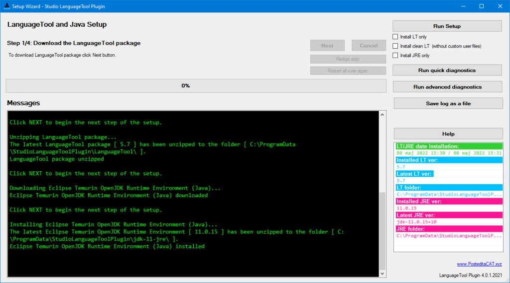 The last setup step of the Setup Wizard in LanguageTool Plugin For Trados Studio.