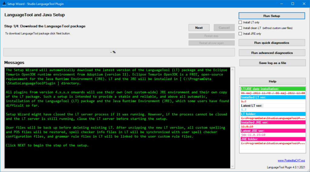 The first setup step of the Setup Wizard in LanguageTool Plugin For Trados Studio.