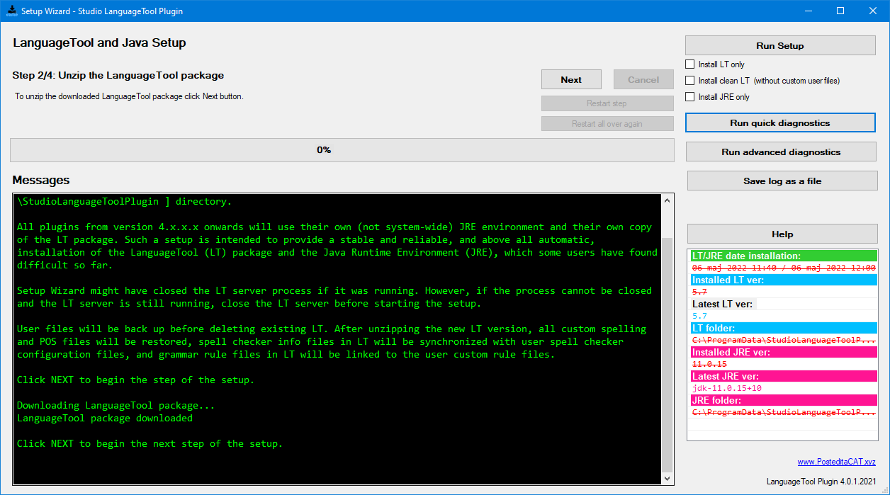 The Setup Wizard in LanguageTool Plugin For Trados Studio before starting the second setup step.