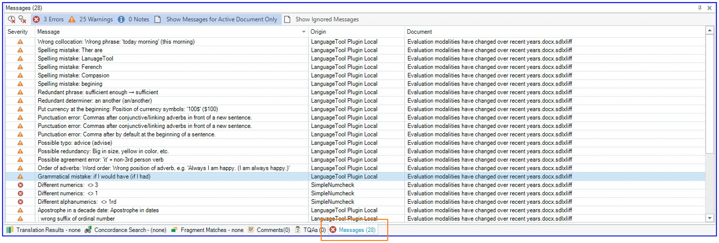 The Messages tab with LanguageTool Plugin verification messages in Trados Studio