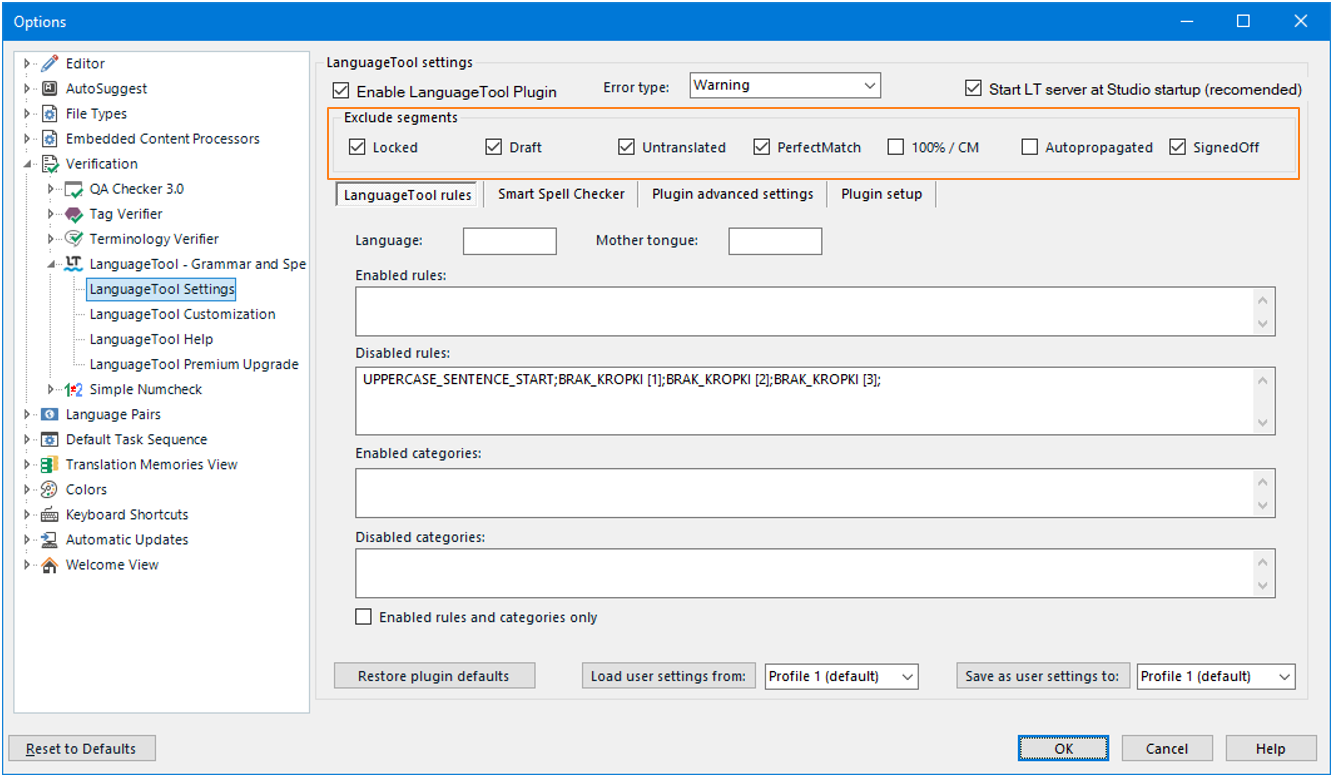 The LanguageTool settings window in LanguageTool Plugin For Trados Studio