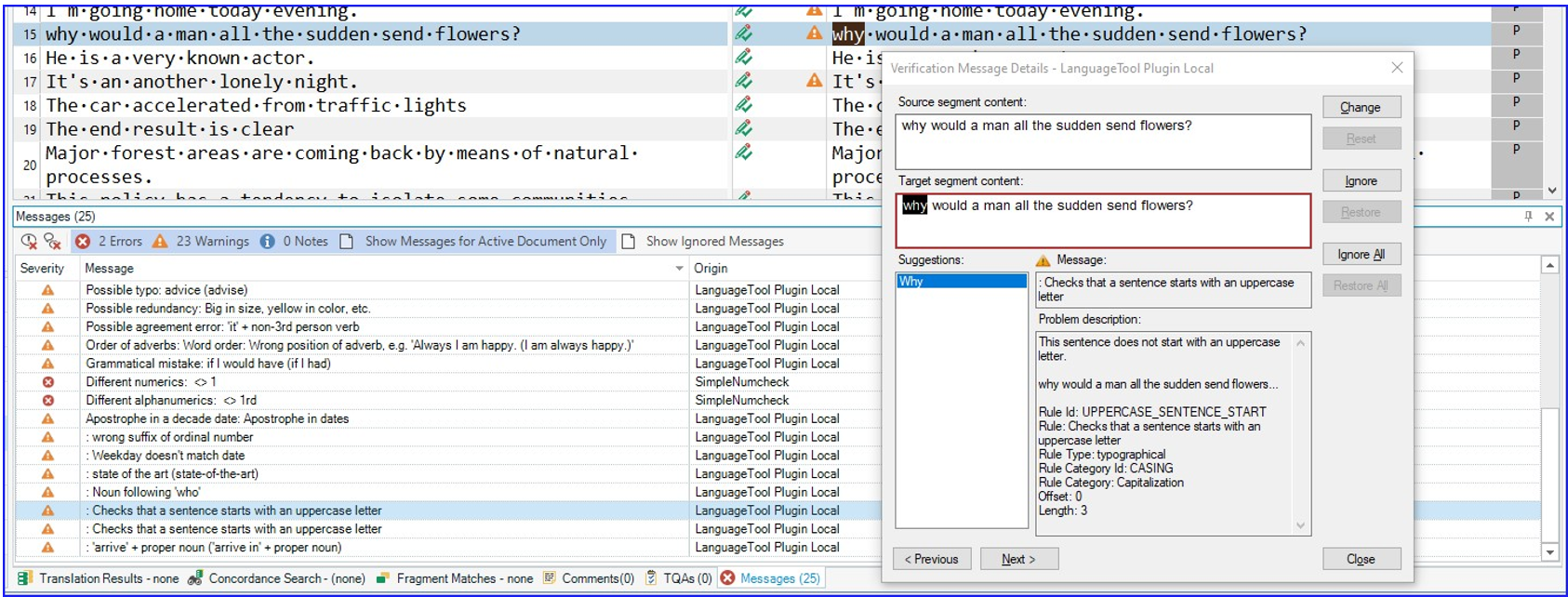 The Messages tab and the Verification Message Details dialogue box in Trados Studio