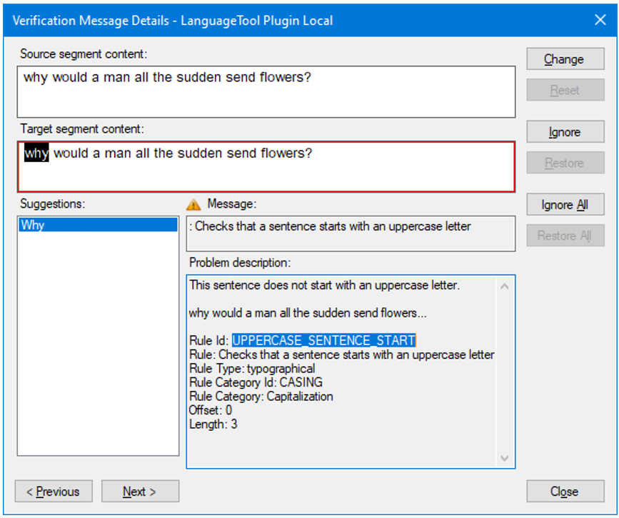 The Verification Message Details dialogue box in Trados Studio
